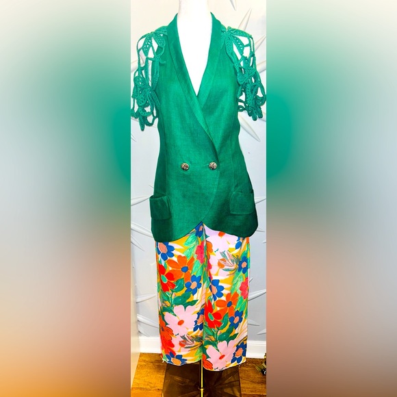 EUC GB SZ 3 orange/yellow multicolored floral 5-pocket denim pants/waist 26”-30” - Picture 6 of 6